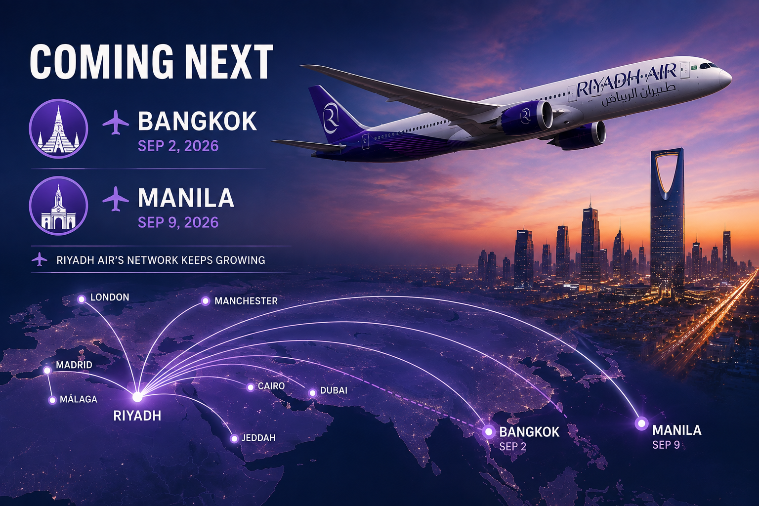 Riyadh Air route map showing new Asian destinations in 2026